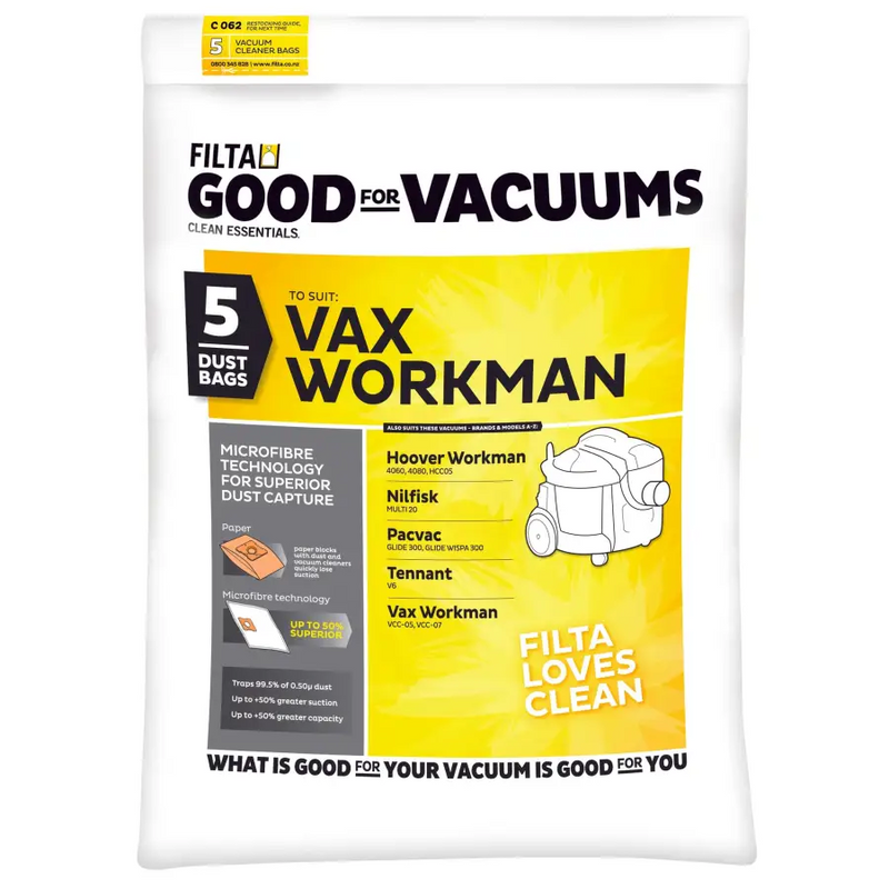 FILTA PACVAC GLIDE, VAX WORKMAN SMS MULTI LAYERED VACUUM CLEANER BAGS 5 PACK (C062) - Philip Moore Cleaning Supplies Christchurch