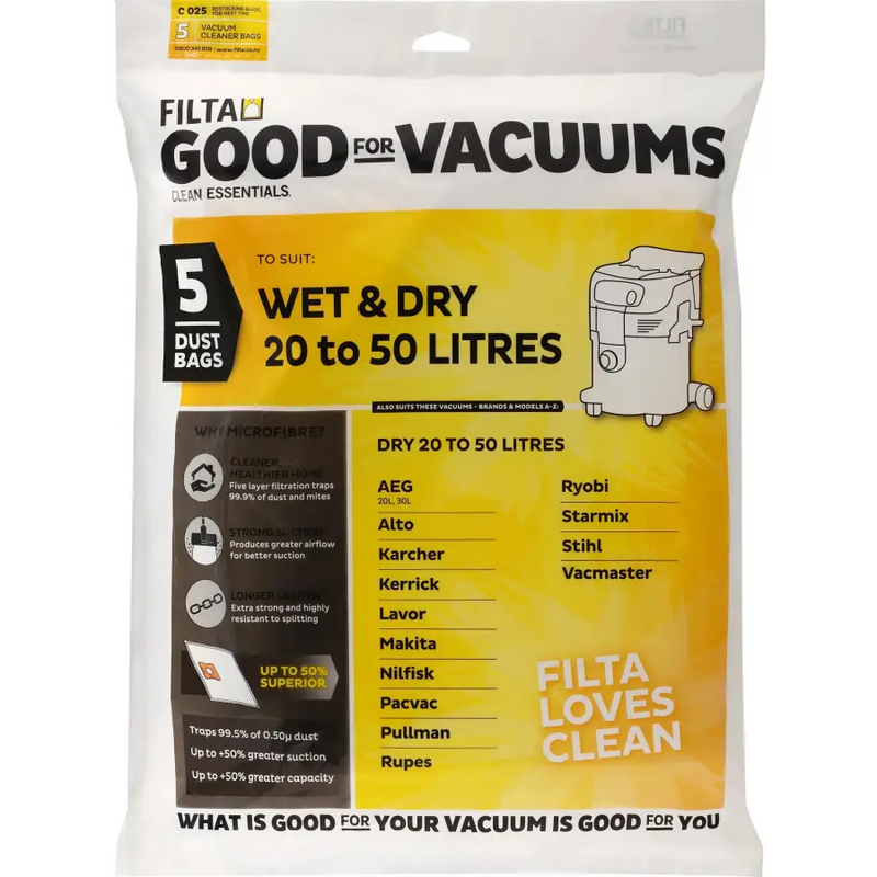 FILTA WET & DRY 50LT SMS MULTI LAYERED VACUUM CLEANER BAGS 5 PACK (C025) - Philip Moore Cleaning Supplies Christchurch