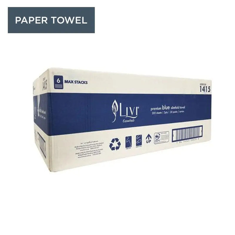 Livi Essentials Blue Slim fold Towel 2 Ply 200 Sheets - Philip Moore Cleaning Supplies Christchurch